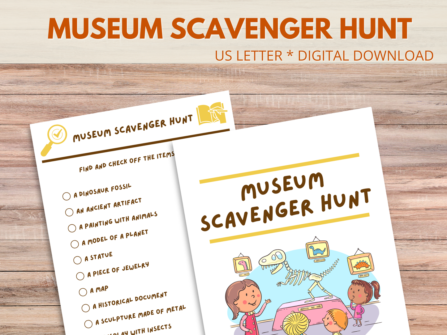 Printable scavenger hunt list items for a museum adventure with kids exploring exhibits, a fun and educational activity for families. 
