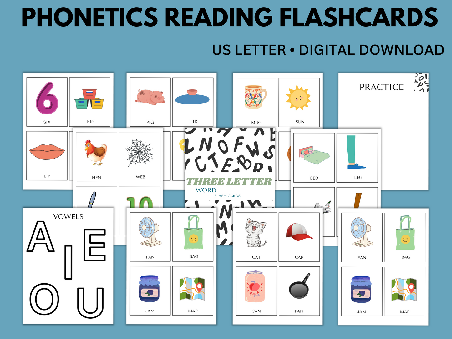 Set of colorful CVC words reading flashcards for preschool and kindergarten with 3-part cards, featuring consonant-vowel-consonant words, ideal for an activity for vowels and consonants to promote reading readiness and early reading skills. The cards are designed as Montessori resources and Montessori printables for hands-on learning.