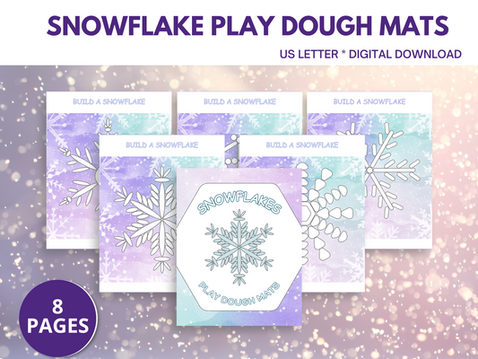 A vibrant collection of winter play dough mats printable showcasing paper snowflakes for engaging play dough activities. Ideal for fine motor activities for kids, perfect for preschool sensory play during December's holiday season, focusing on winter play, snow, and weather themes.
