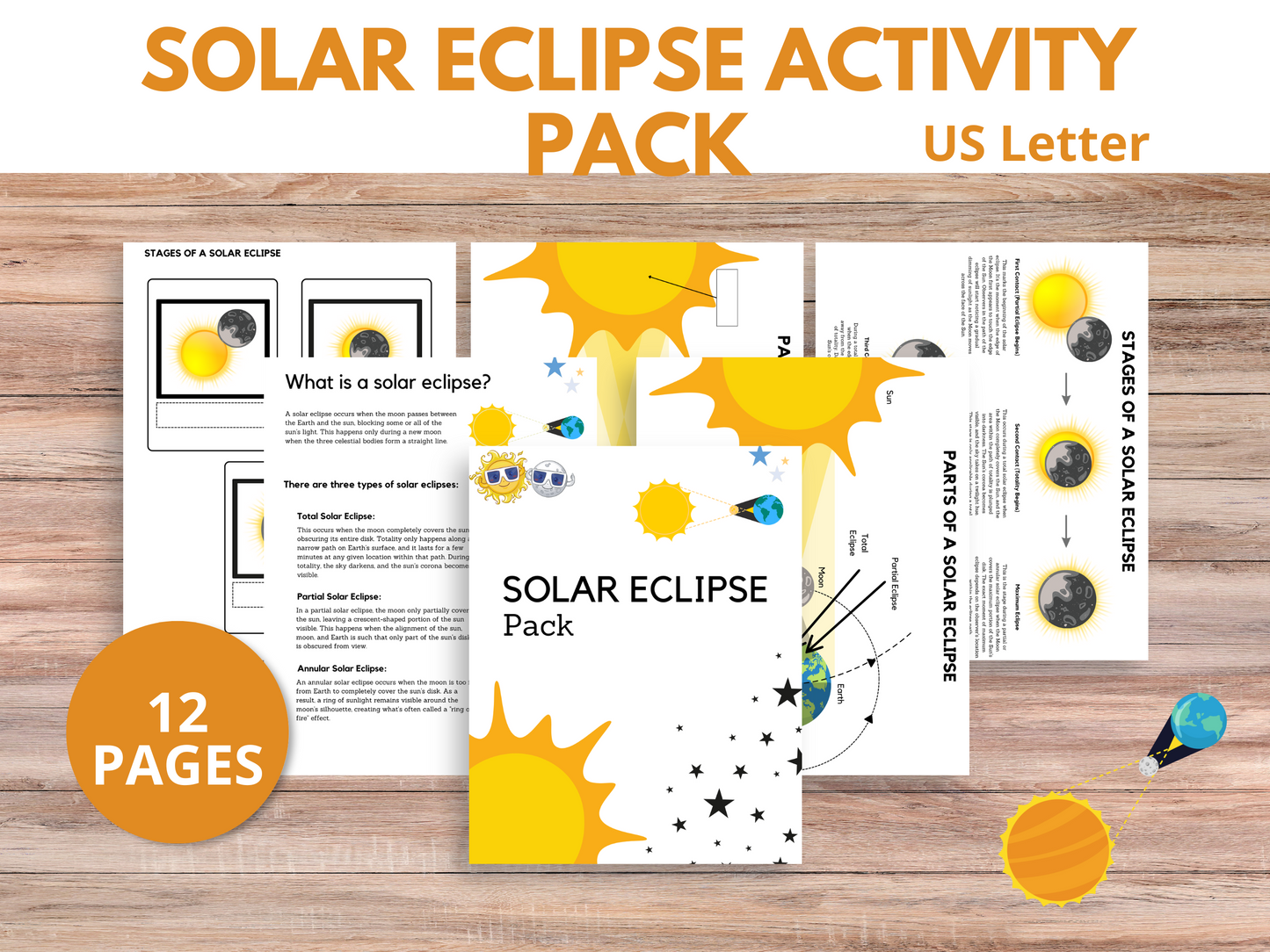 A collection of fun eclipse crafts and educational eclipse printables for an elementary solar eclipse lesson, featuring fun facts to enhance the learning experience.
