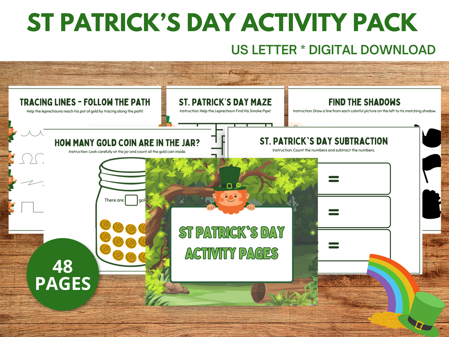 St. Patrick's Day Activity Pack with march activities, leprechaun games, a maze, math activities, learning activities, and fine motor.
