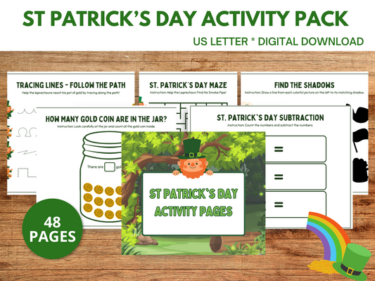 St. Patrick's Day Activity Pack with march activities, leprechaun games, a maze, math activities, learning activities, and fine motor.
