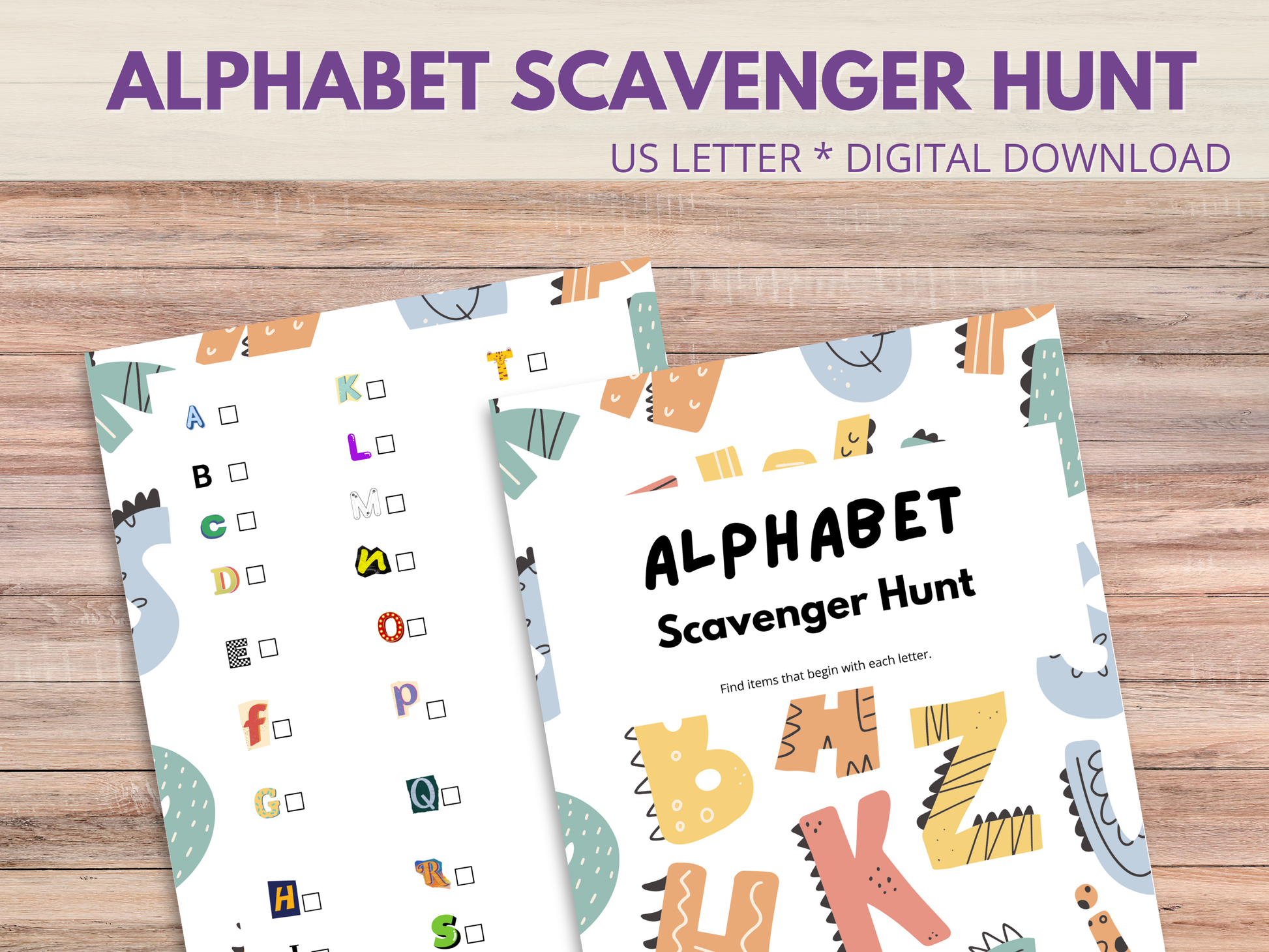 Alphabet scavenger hunt ideas for kids, printable activity for letter recognition, fun indoors or outdoors, perfect boredom busters.
