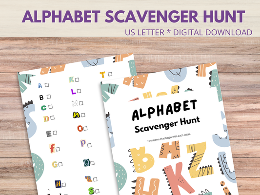 Alphabet scavenger hunt ideas for kids, printable activity for letter recognition, fun indoors or outdoors, perfect boredom busters.
