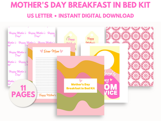 Pink and green Mother's Day breakfast in bed printable.  Showing 6 pages of the product.