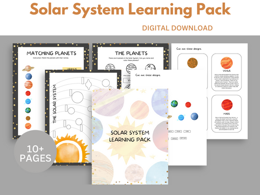Solar system printables pdf learning pack showing 6 pages.