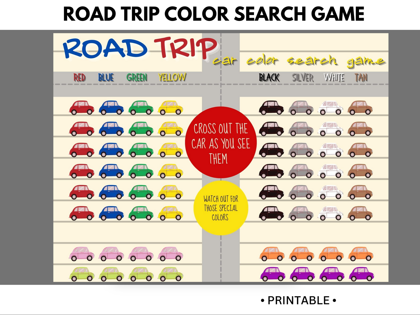 Printable road trip car color search game.  Red, blue, green, yellow, black, grey, white and pink cars shown.