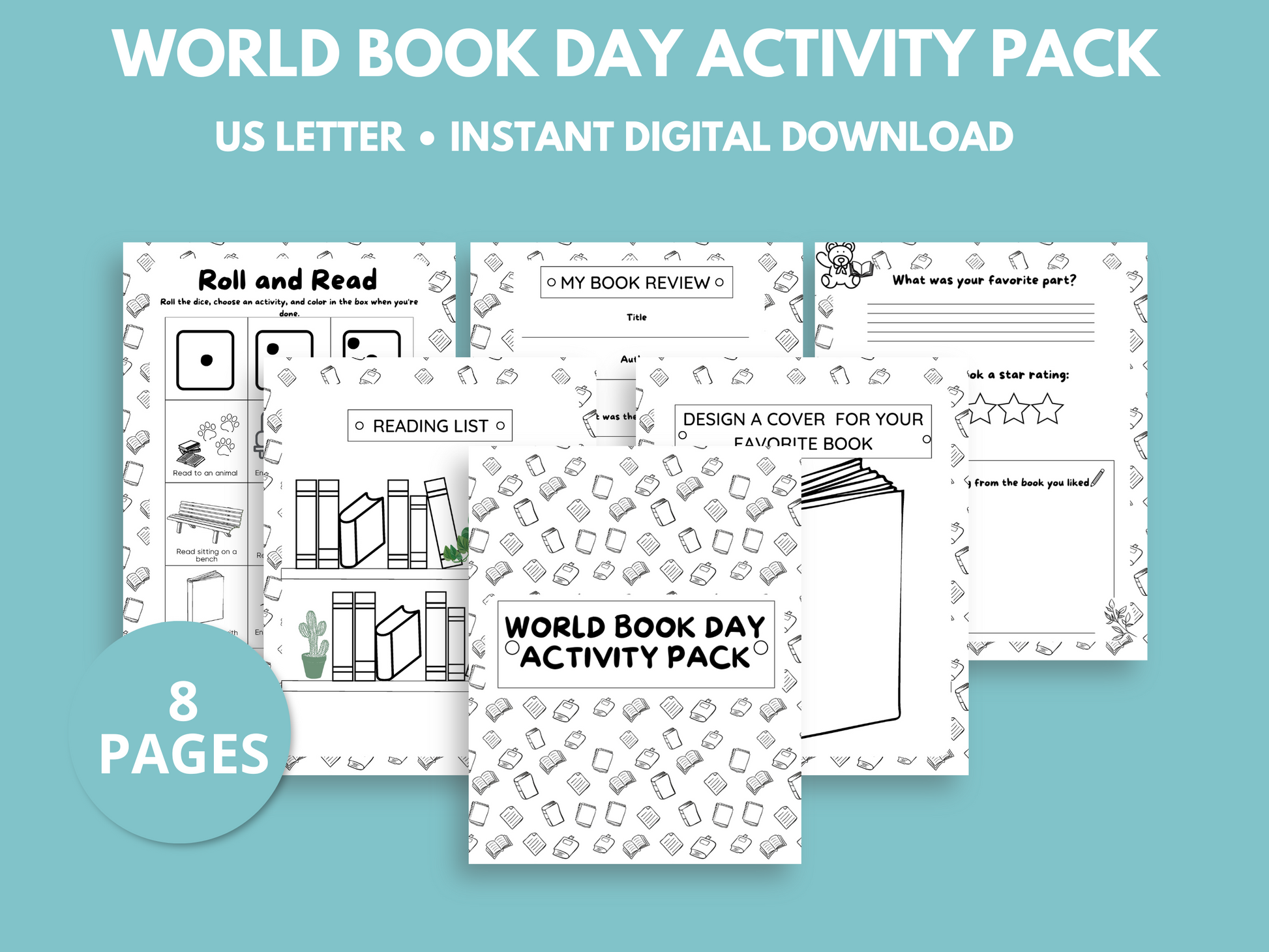 World Book Day Activity Pack showing 6 black & white pages of the printable.