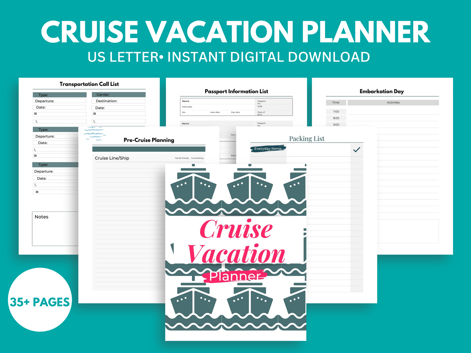 Cruise vacation planner with 6 pages shown including the title in green and white.