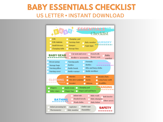A colorful baby essentials checklist printable.