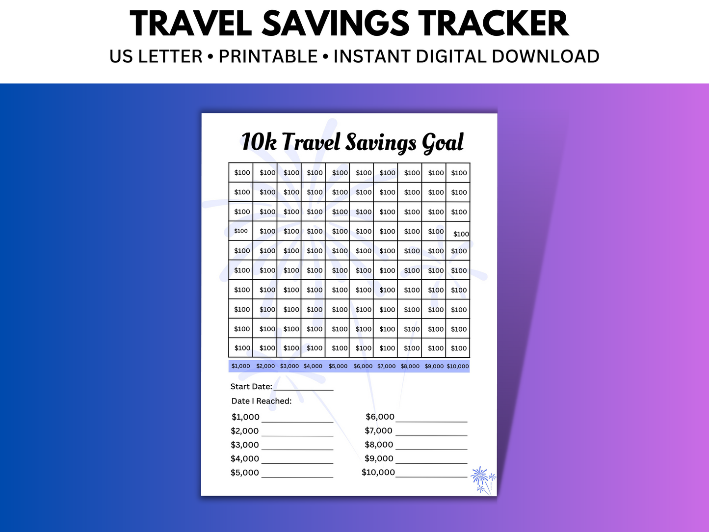 One savings tacker printable with a savings goal of 10k.  Each box has $100.