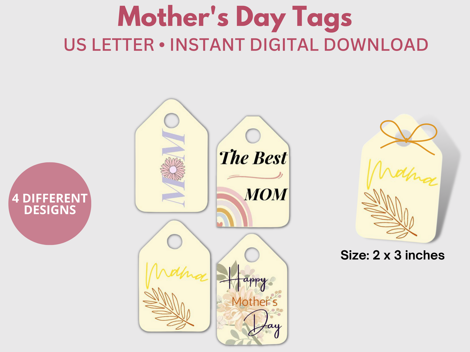 4 color designs of printable mother's day gift tags.