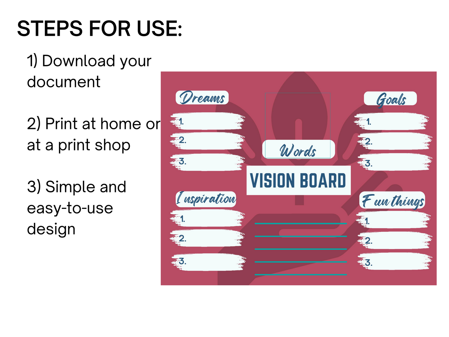 3 simples steps for using the vision board printabe.