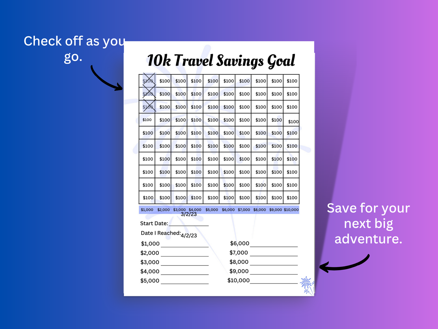 10k Travel savings goal printable showing how to mark off the boxes as you go with color or x marks or both.