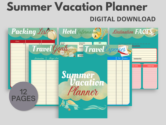 Showing 6 pages of a Summer Vacation Planner which includes packing list, hotel info, destination facts, travel goals, expenses and cover page.