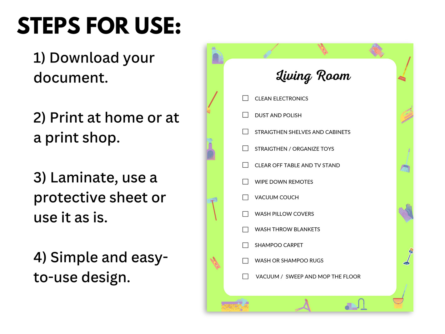 Printable living room checklist shown with steps for use.