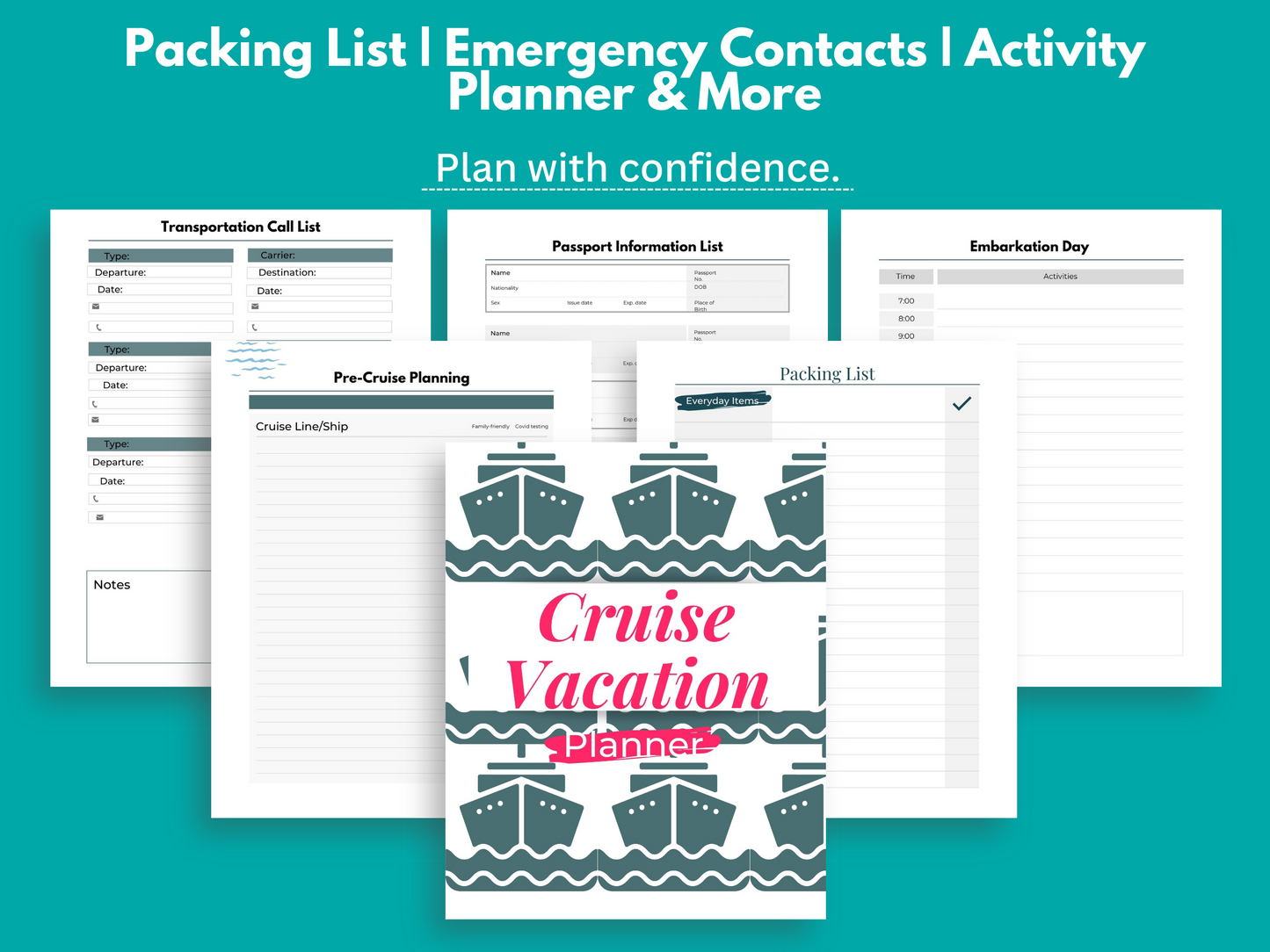 Items inside the cruise planner listed.  Packing list, emergency contacts list, activity planner and more.