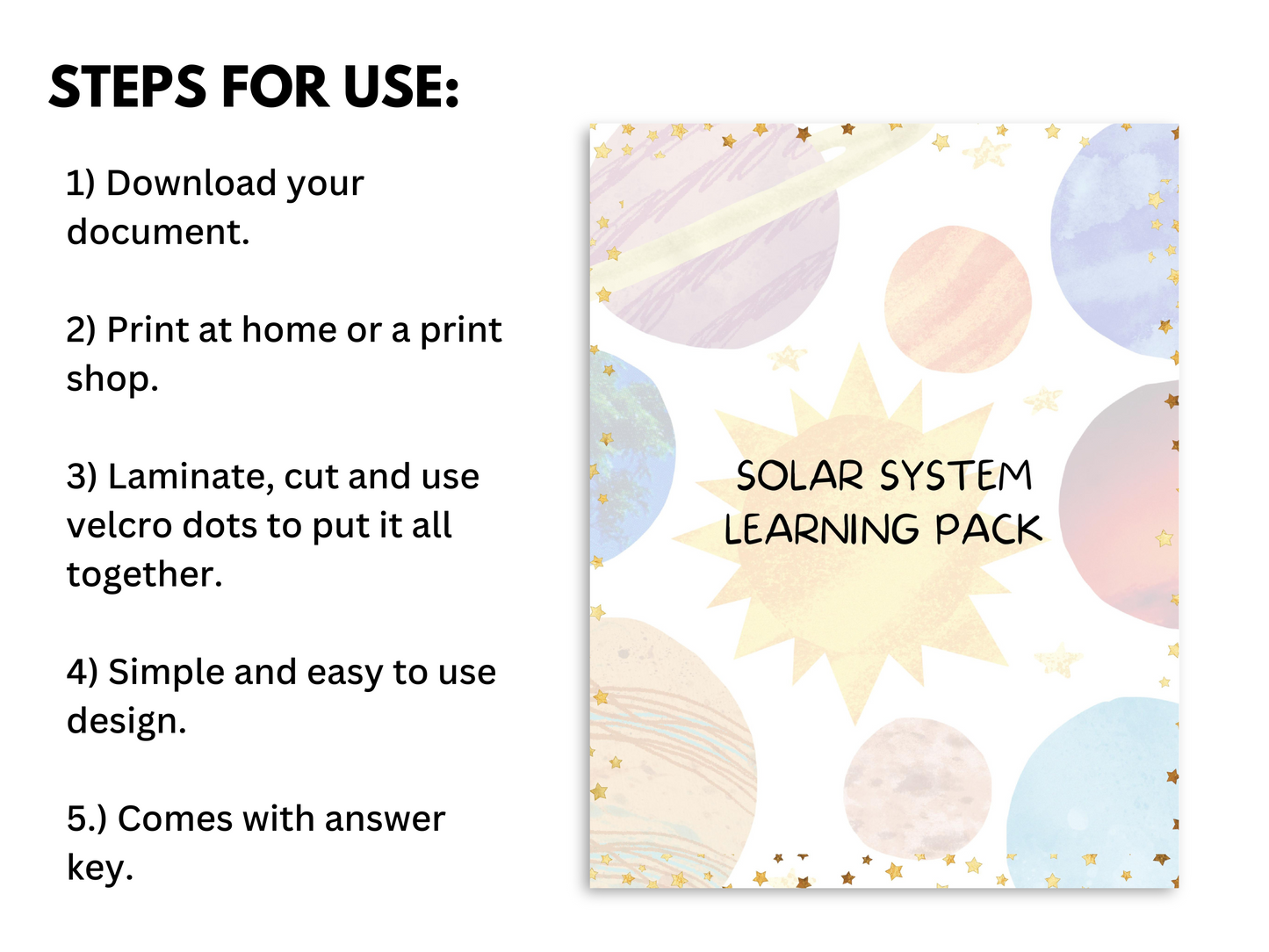 five steps of how to use with solar system learning pack cover page shown.