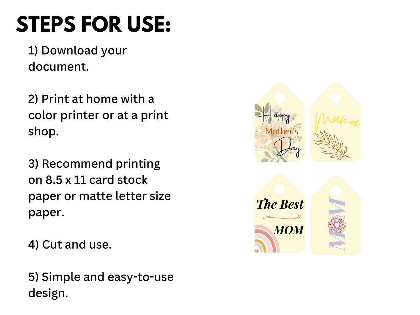 Steps for how to download happy mother's day tags and what type of paper to print the gift tags on.