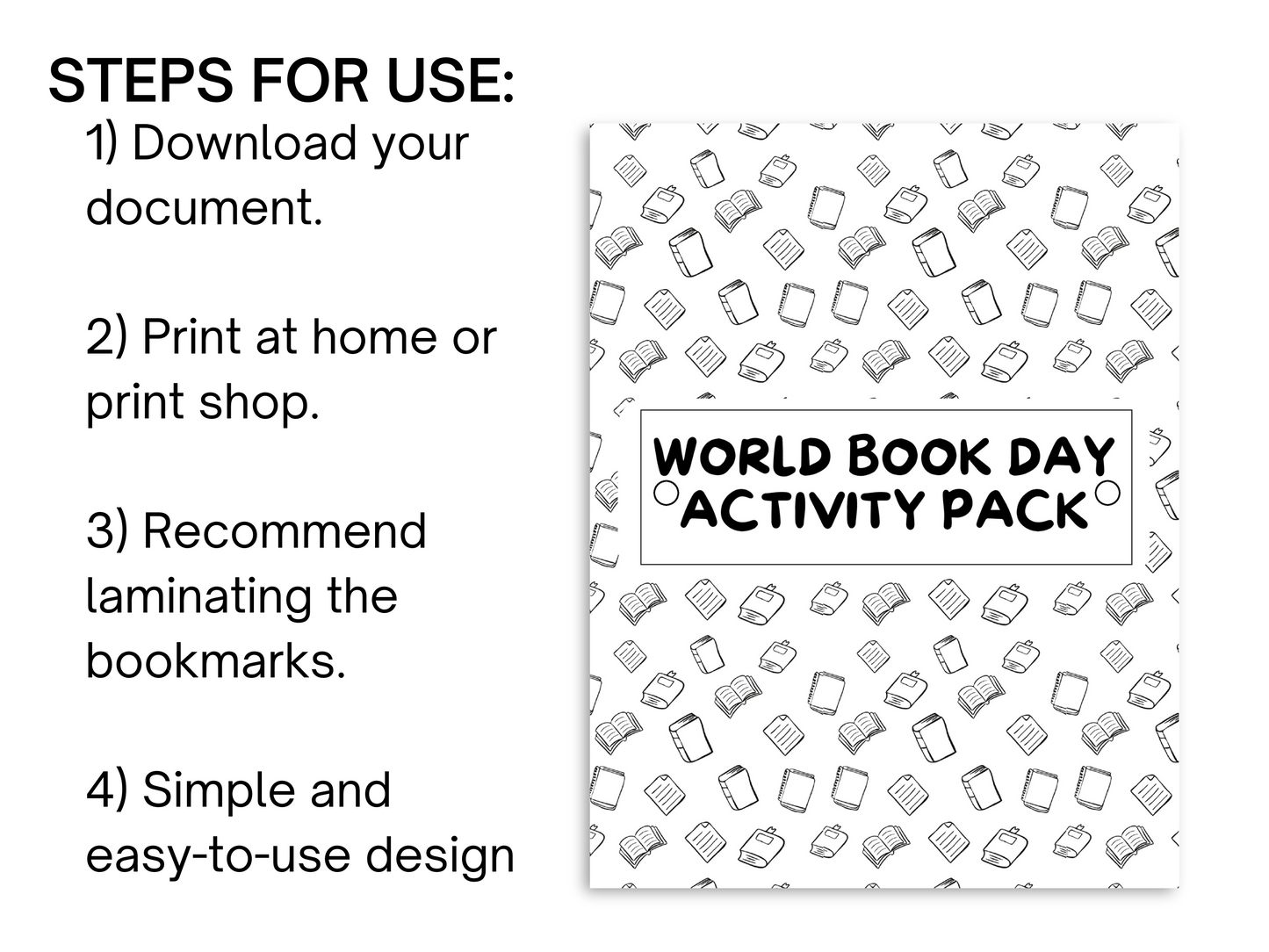 Steps on how to use world book day activity pack in black and white.