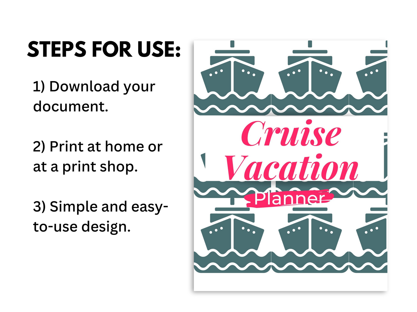Steps on how to use the planner with a green and pink cover that has cruise ships on it.