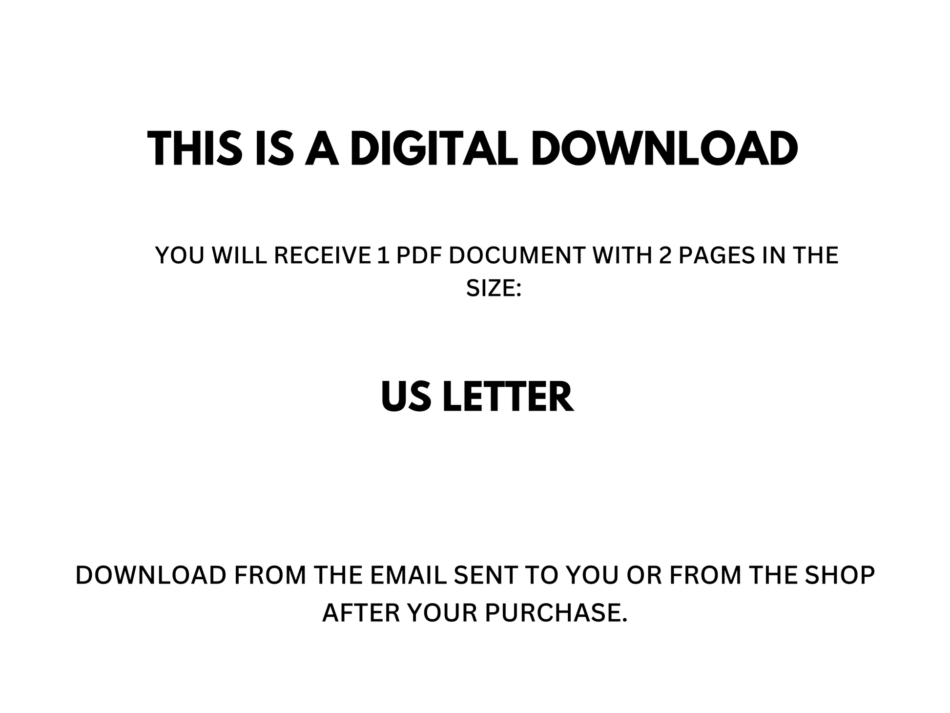 A statement that the product is a digital download in the size US letter.